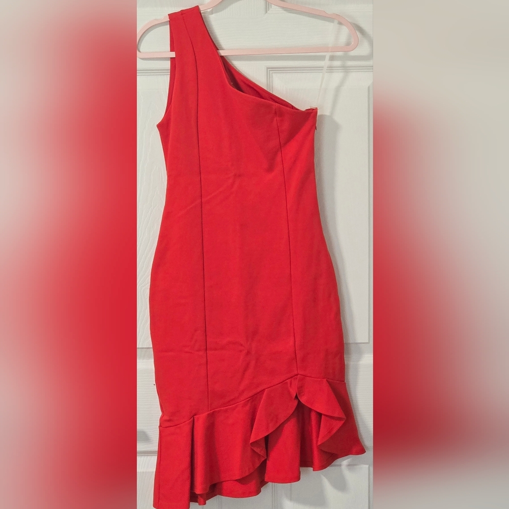 New One-Shoulder Ruffle Hem Dress, Red Dress, Size S